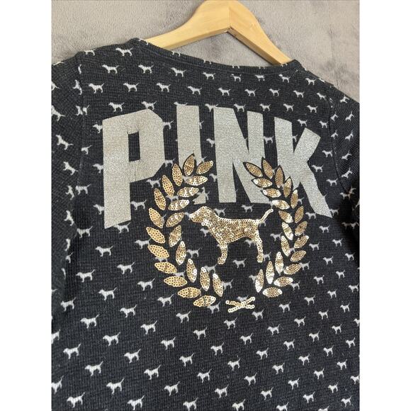 Victoria Secret Sleep Shirt XS Grey Dog Print Waffle Henley PINK Bling Sequins - Picture 4 of 12